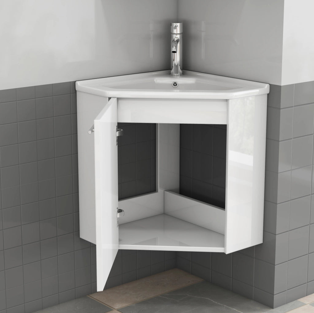 MOBILE BAGNO Angolare con Lavabo in Ceramica MDF Bianco Lucido