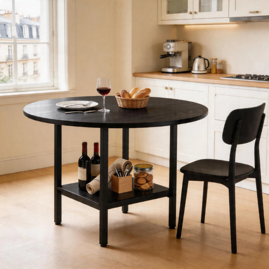Tavolo rotondo da pranzo con ripiano portaoggetti 100 cm nero in MDF e metallo per 4-6 persone