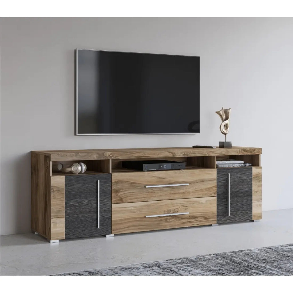 Mobile TV BRAZZA 182 cm – 2 porte, 2 cassetti – Noce satinato e nicchie visibili