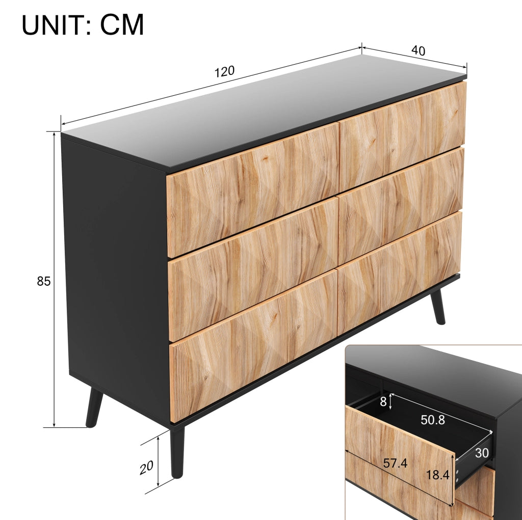 Sideboard moderno 120x40x85 cm con 6 cassetti