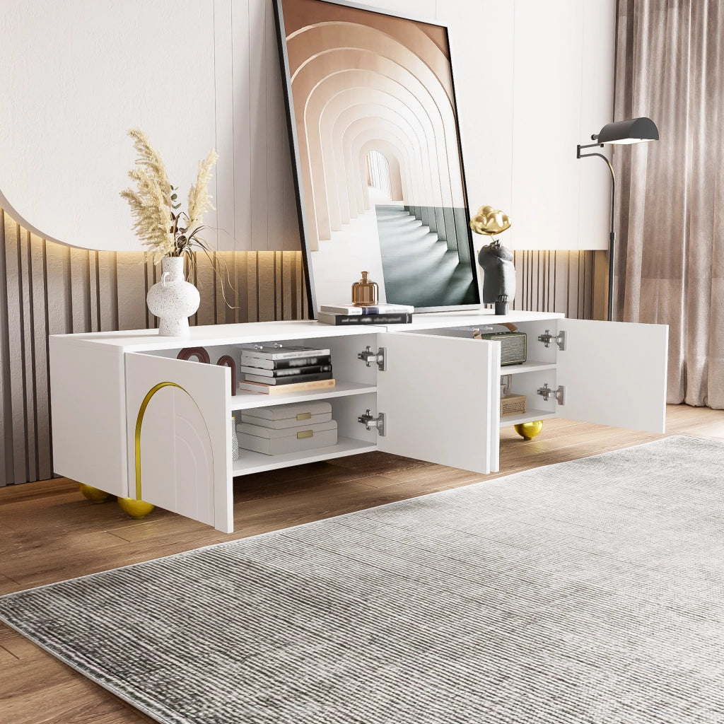 Mobile porta TV con 4 ante push-to-open e cerniere ammortizzate in truciolato bianco e oro 170 × 38 × 44 cm