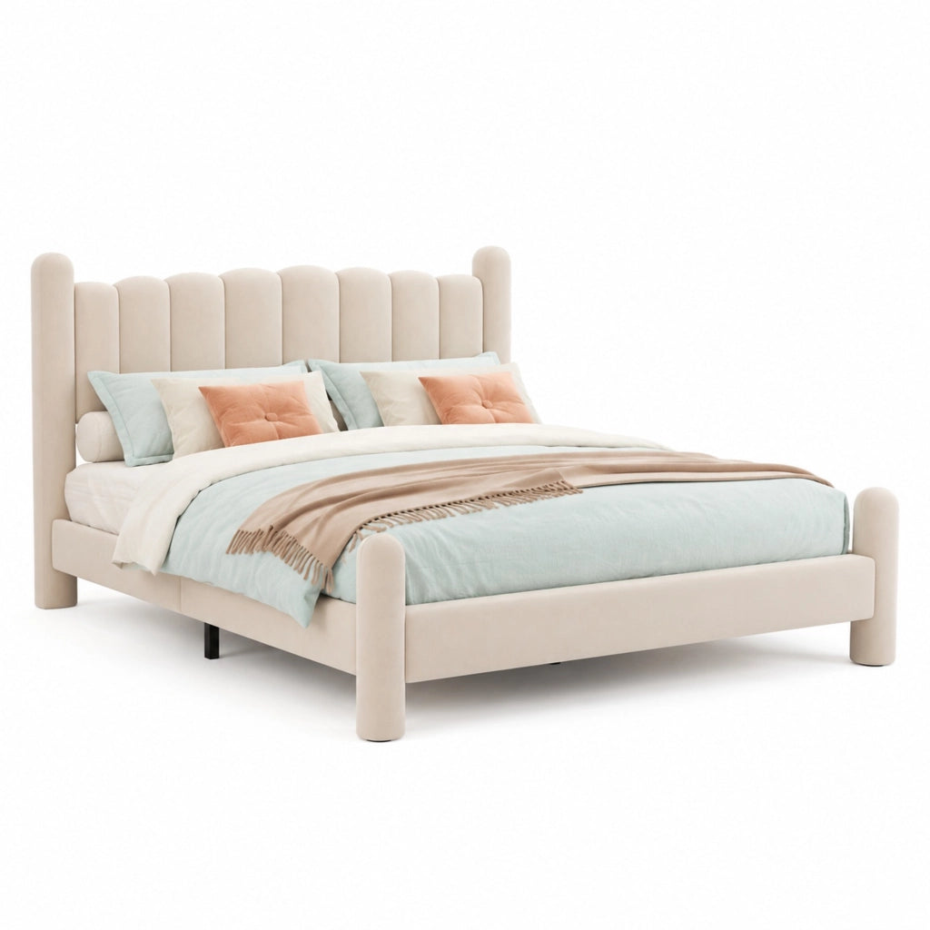 Letto 180x200 cm con rete a doghe e testiera ondulata in velluto beige