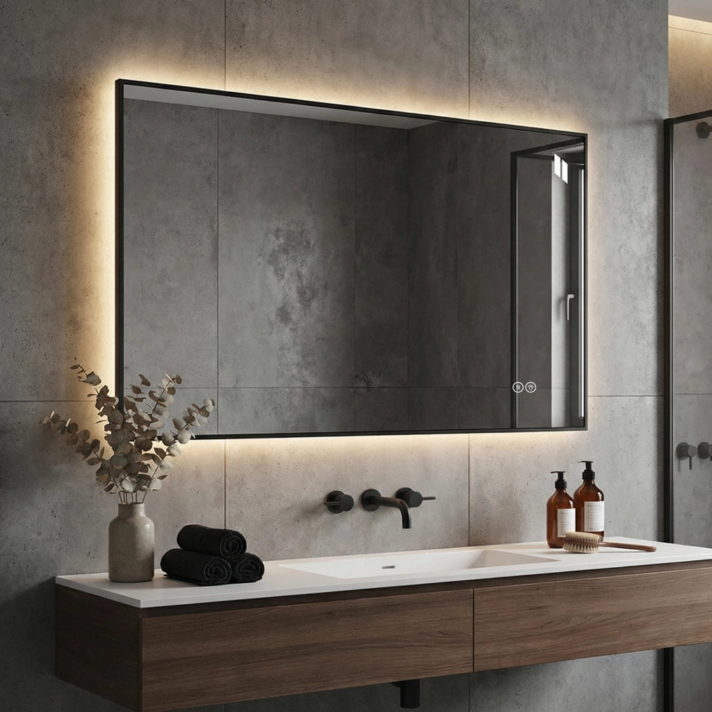 Specchio da bagno LED 50x70 cm con cornice in alluminio, retroilluminato, antiappannamento, 3 temperature luce, dimmerabile e funzione memoria
