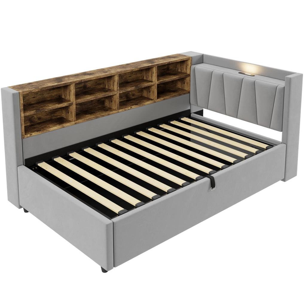 Letto divano singolo 90 × 200 cm con contenitore idraulico; luce notturna; USB e Type-C; senza materasso; grigio chiaro