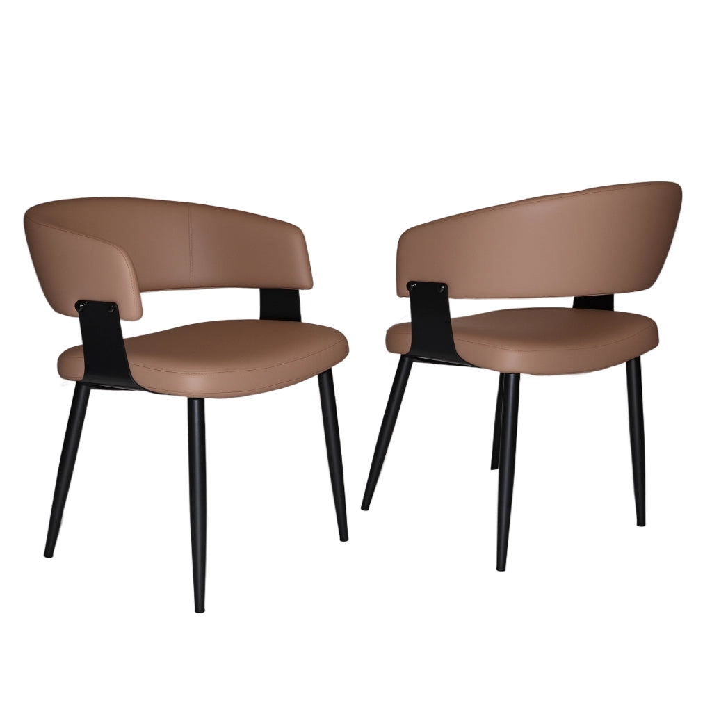 Sedia da pranzo ergonomica con schienale avvolgente e base in metallo in PU marrone