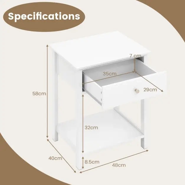 Wooden Bedside Table with Drawer Sofa Table with Open Shelf Mid-Century Style Multifunctional Side Table White