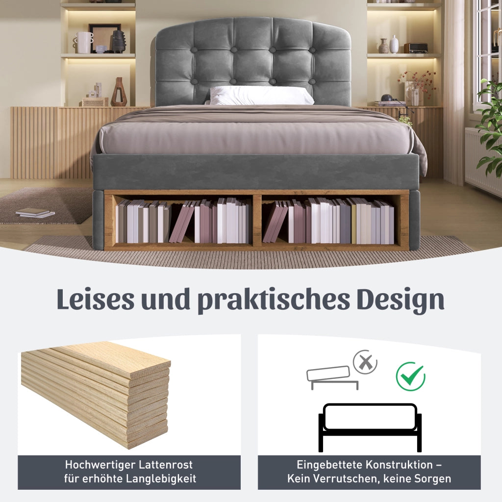 Letto singolo 90 × 200 cm con testiera regolabile; cassetti e vani contenitore; senza materasso; grigio