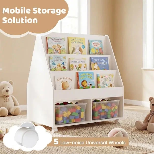 Libreria per bambini a doppio lato su ruote con lavagna e cubi aperti in MDF bianco salvaspazio 90 x 45,5 x 87 cm