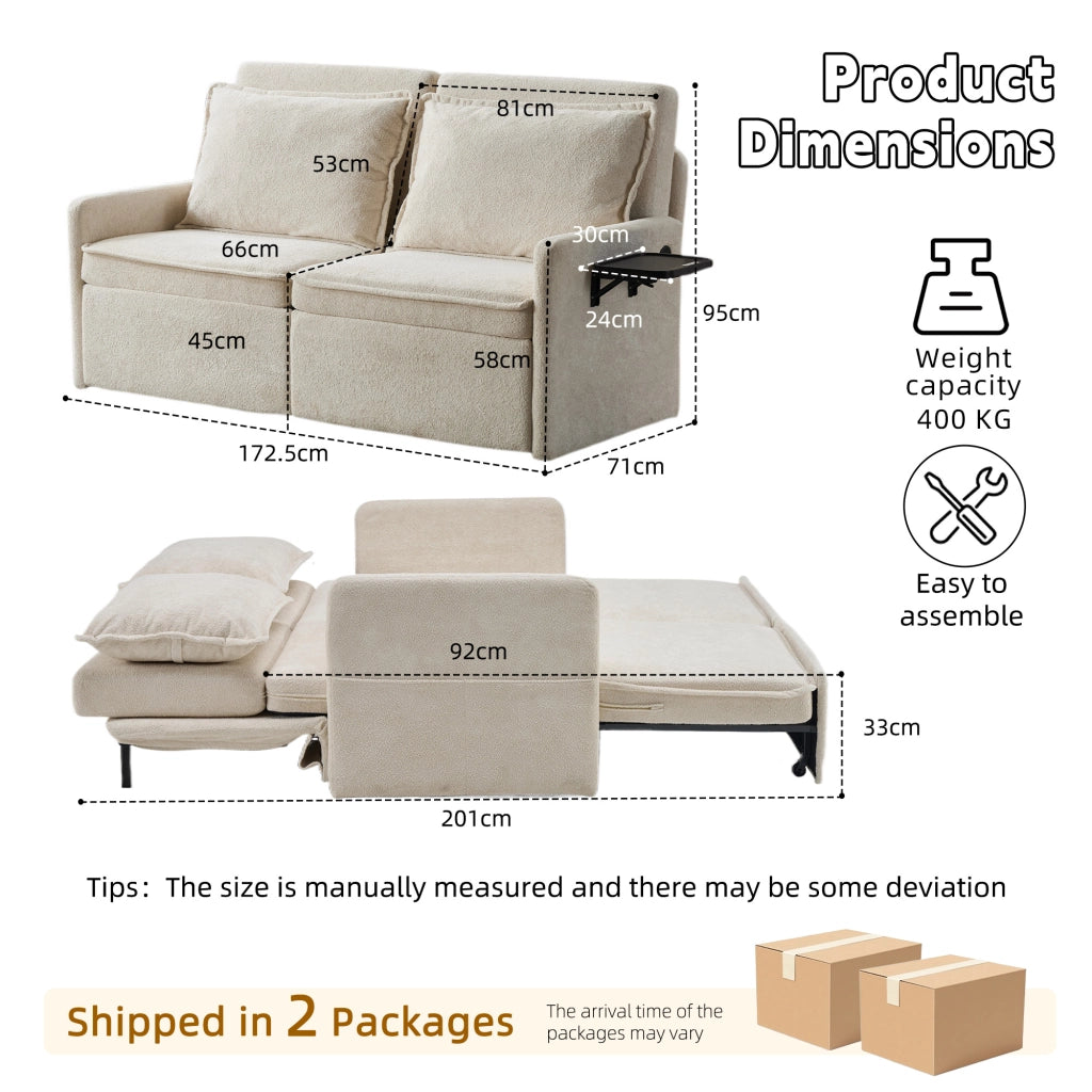 Divano Letto 3 in 1 Beige in Ciniglia con Presa USB e Vano Contenitore, Schienale Regolabile a 5 Livelli e Cuscini Salvaspazio
