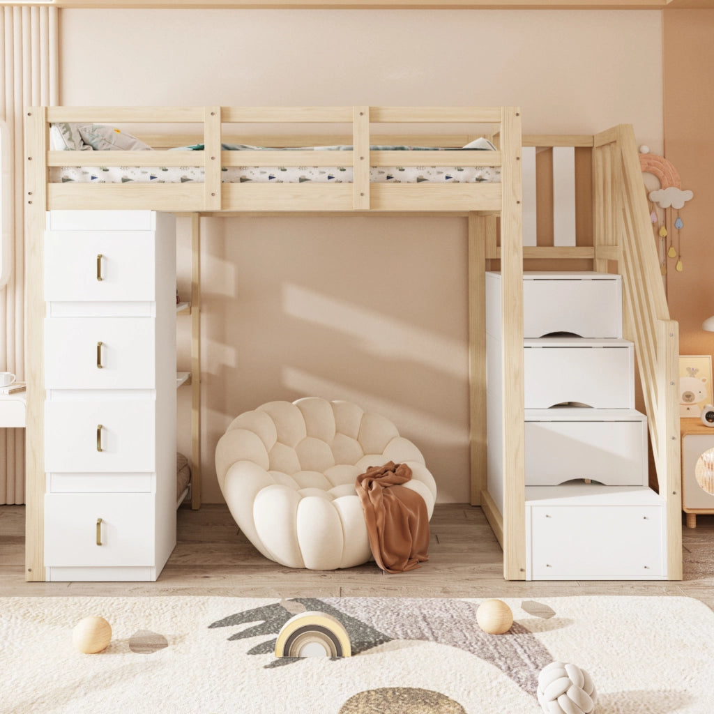 Letto a soppalco 90x200 cm con cassetti contenitore in legno massello naturale