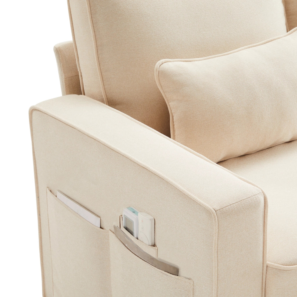 Divano a 4 posti in tessuto effetto lino beige con tasche sui braccioli e quattro cuscini lombari per soggiorno