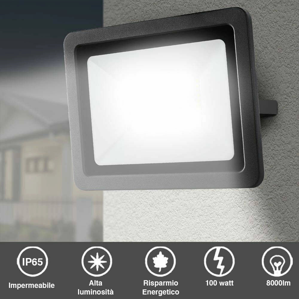 Trade Shop - Faro Led 100w Luce Alta Luminosita 8000lm Faretto Esterno Slim Bianco Freddo -