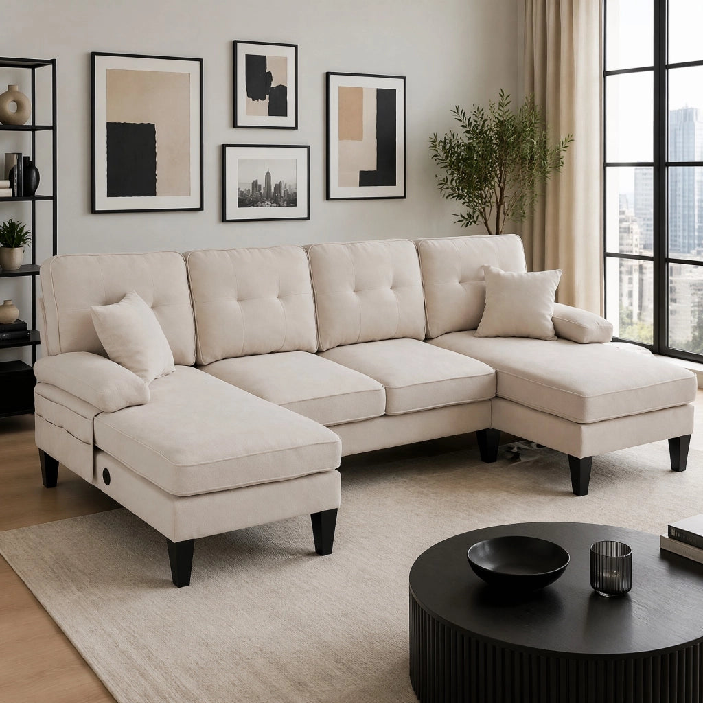 Divano a U 4 posti con doppia chaise longue, tasche e porte USB/USB-C in lino beige