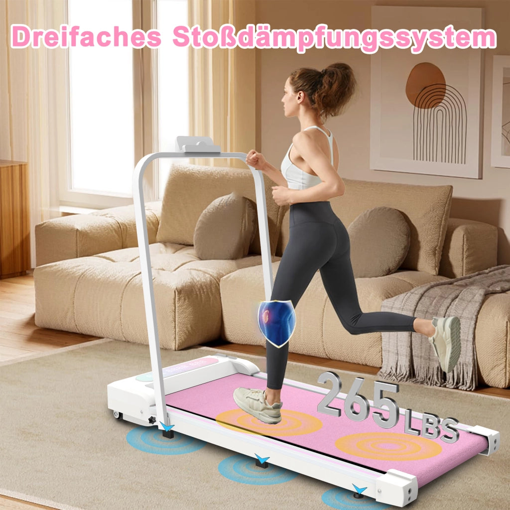 Tapis roulant pieghevole 3 in 1 con corrimano rimovibili motore 2.5 PS rosa velocità 1–8 km/h portata 120 kg