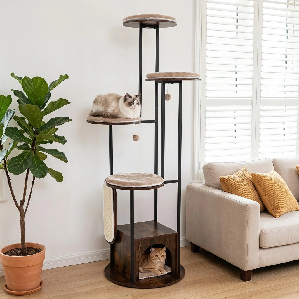 Tiragraffi Casa per Gatti 72-Inch Multi Livello, Piattaforme Superiori, Tappetini Rimovibili Lavabili, Marrone Rustico, Robusto, per Casa