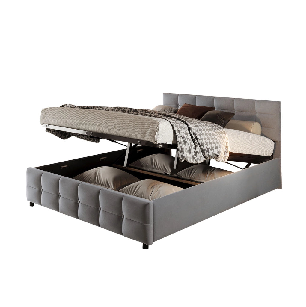 Letto imbottito 180x200 cm con rete a doghe e sollevamento idraulico, rivestimento in velluto olandese grigio
