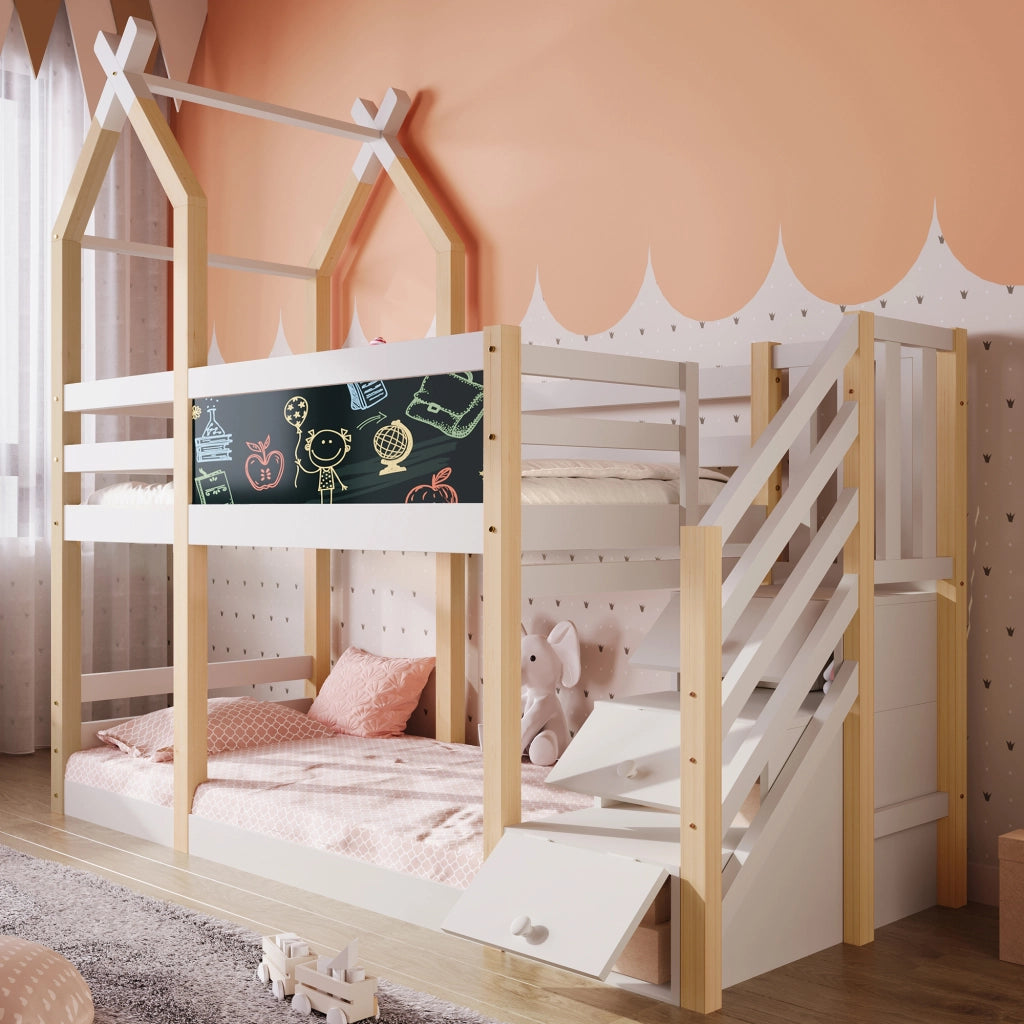 Letto a soppalco per bambini 90x200 con scala contenitore e lavagna
