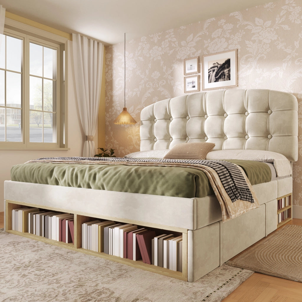 Letto con cassetti 140 × 200 cm con testiera regolabile imbottita in velluto beige e rete a doghe inclusa