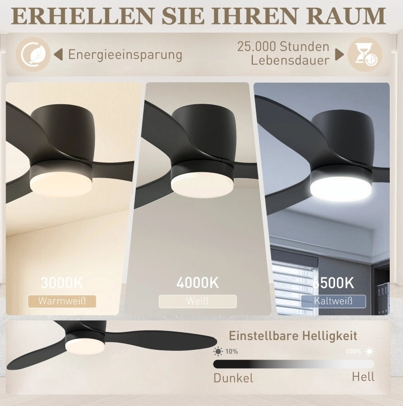 Ventilatore da soffitto YEAVIO Ø115 cm con LED dimmerabile, 3 pale, 6 velocità e telecomando