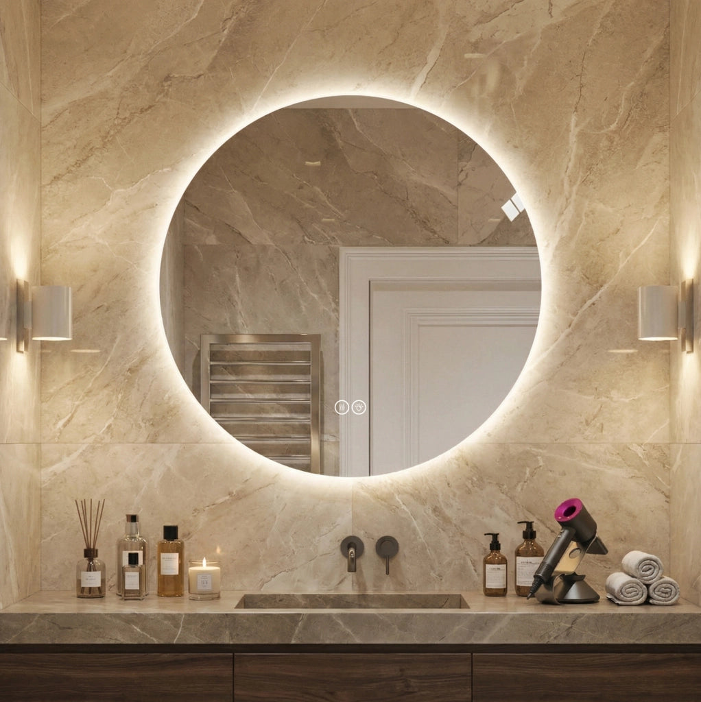 Specchio da bagno rotondo LED 80 cm con illuminazione anteriore e retroilluminazione, antiappannamento, 3 tonalità di luce, dimmer regolabile, funzione memoria, vetro argento HD 5 mm senza rame