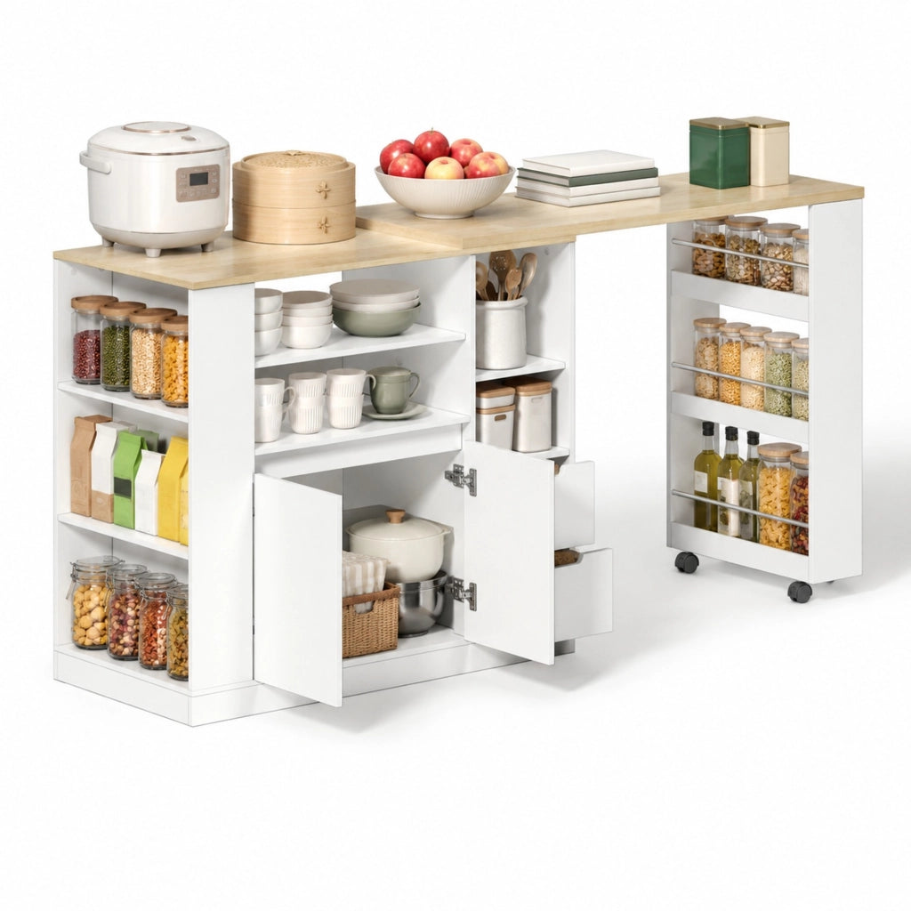 Isola cucina 115x50x92 cm con piano girevole estraibile; 2 cassetti e ripiani bianco/naturale HOMVRA