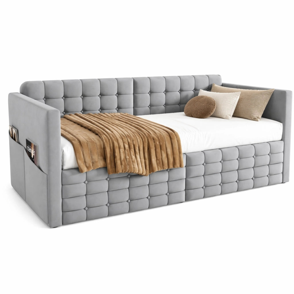 Letto divano 90×190 cm singolo con 2 cassetti e tasche laterali; senza materasso; in velluto grigio chiaro