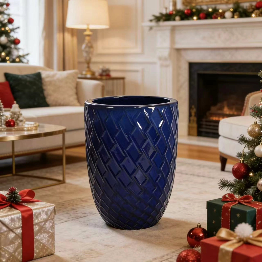 Vaso da fiori artigianale in ceramica blu navy con motivo a rombi per piante grandi da interno ed esterno 42 × 54 cm