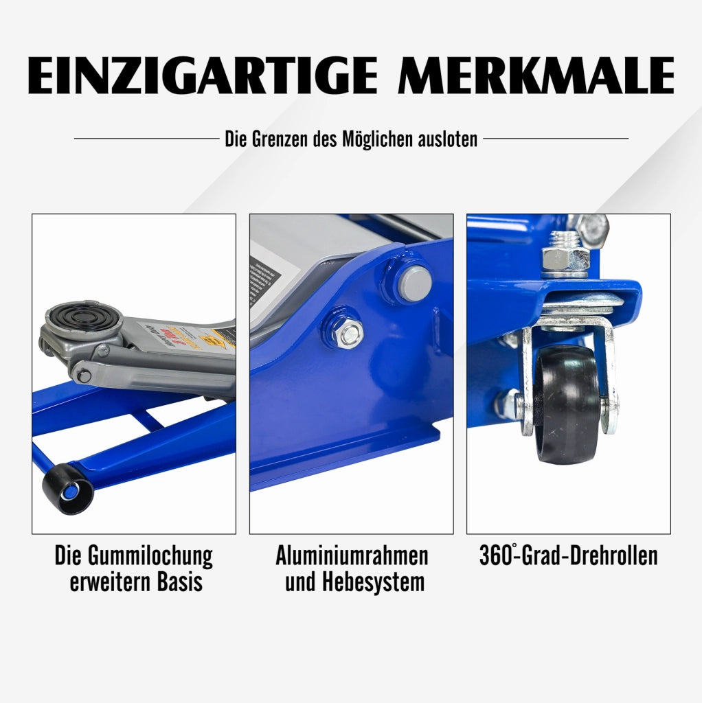 Cric idraulico a carrello ULEVR 3 t con doppia pompa e pedale, altezza 75-505 mm, blu e argento