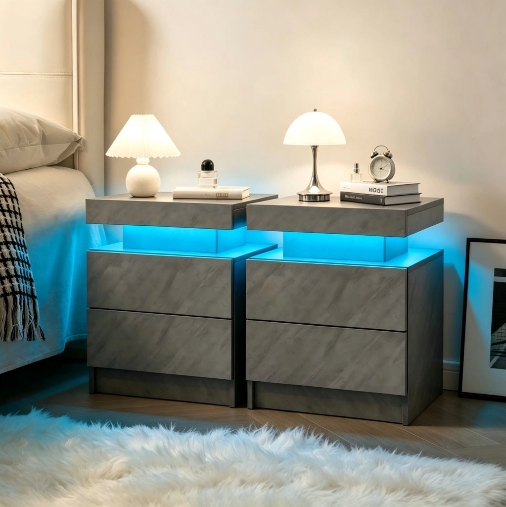 Comodino moderno con luci LED regolabili; 2 cassetti e vano a giorno in truciolare grigio scuro