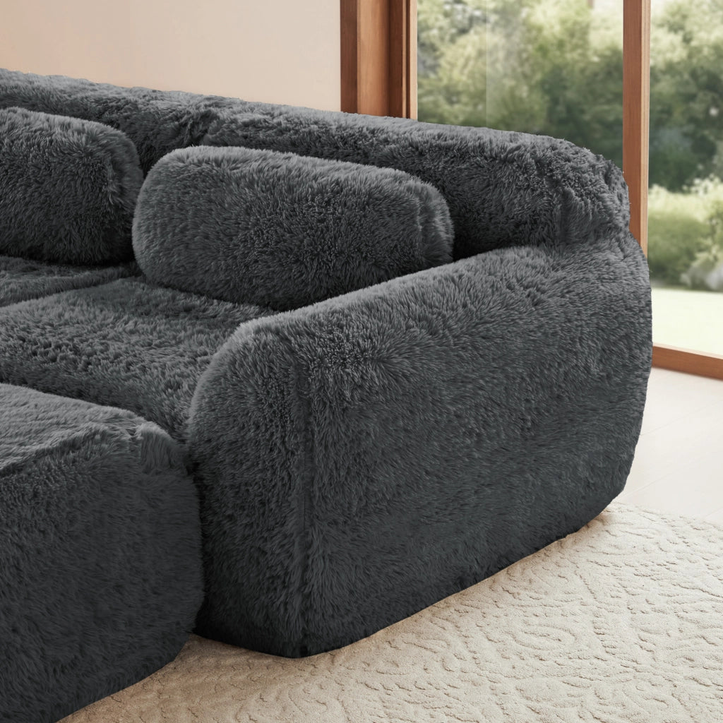 Divano modulare a forma di U in tessuto di peluche grigio, senza montaggio, con base antiscivolo e cuscini