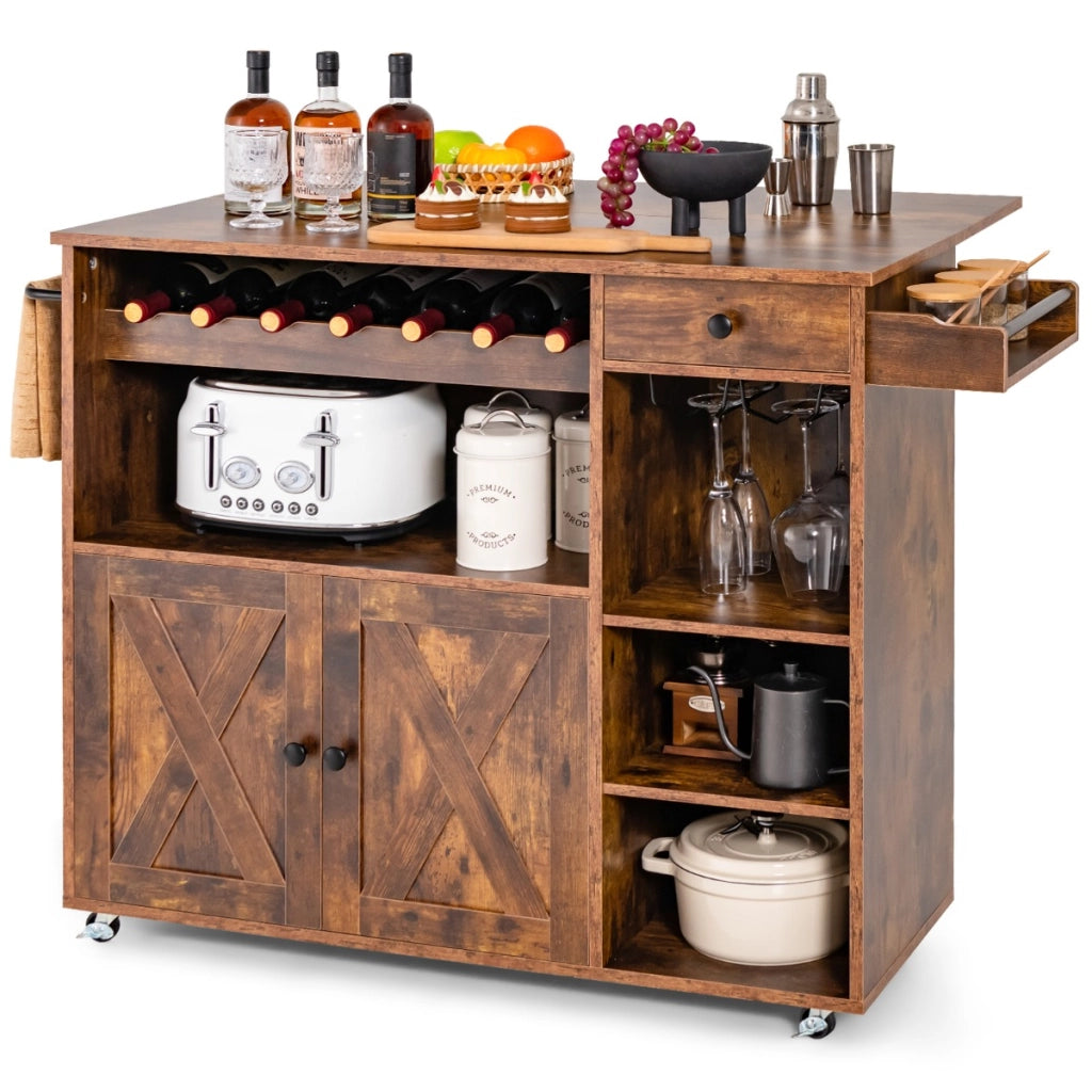 Carrello isola cucina con ruote bloccabili piano ribaltabile portabottiglie portabicchieri-Carrello buffet Marrone