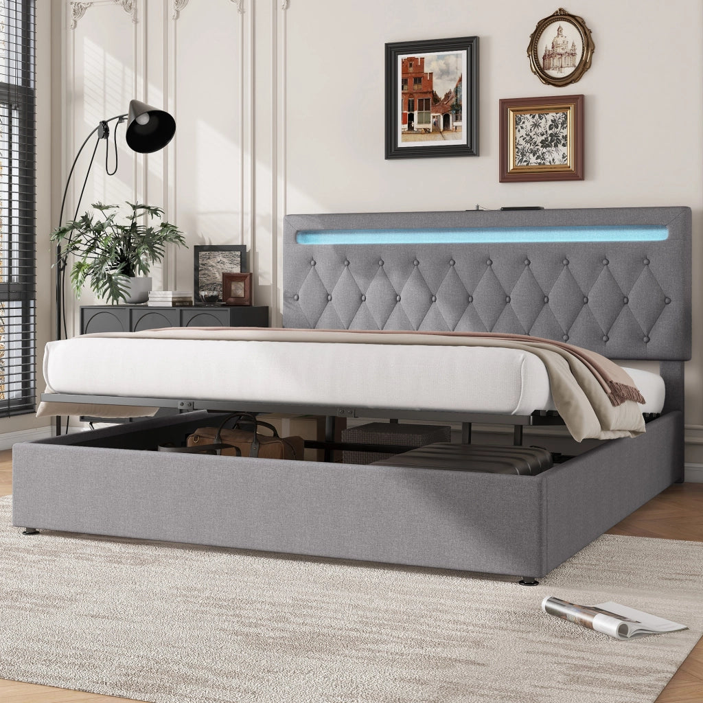 Letto contenitore 180 × 200 cm con sollevamento idraulico LED e porta USB in lino e MDF grigio