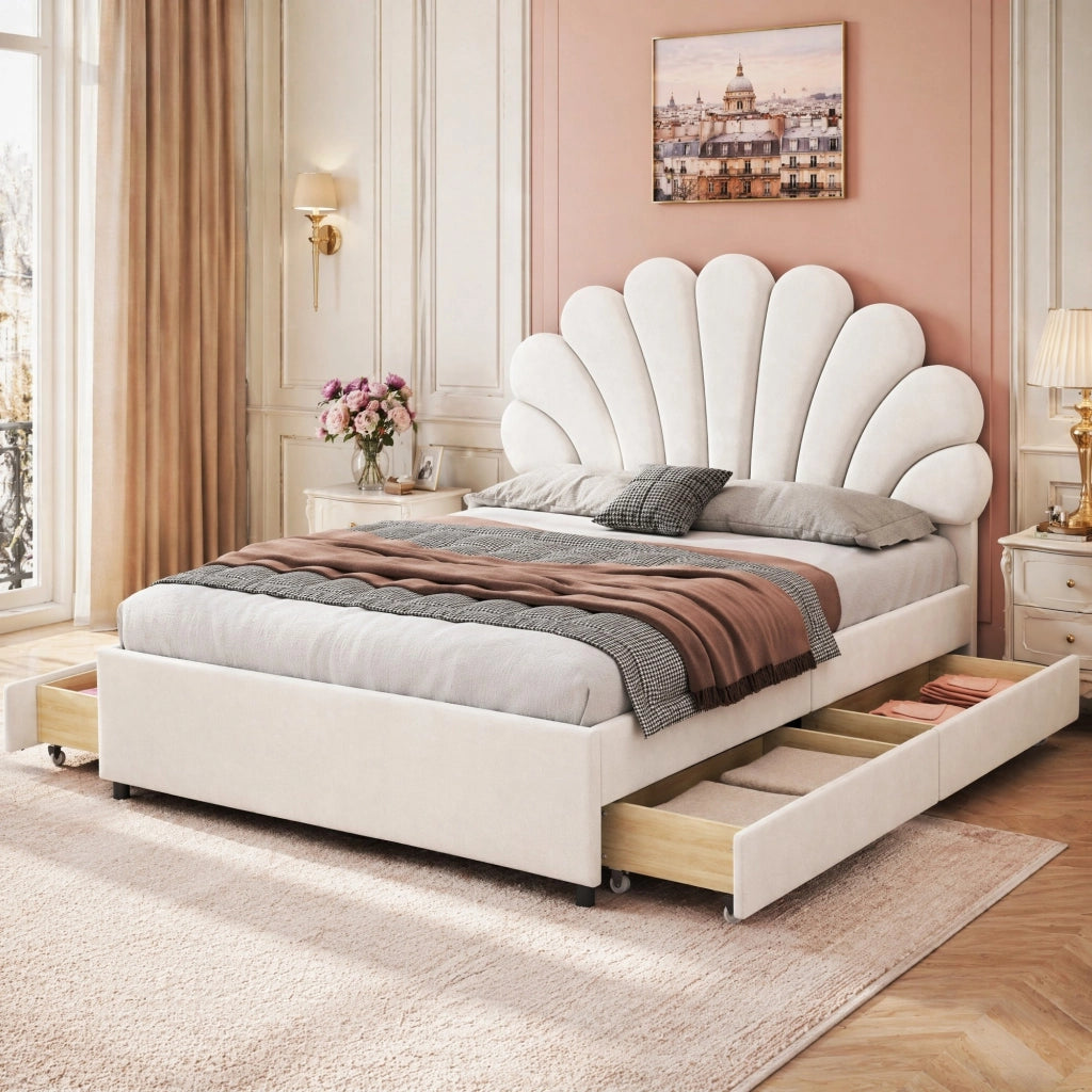Letto matrimoniale imbottito 140x200 cm beige con 4 cassetti e testiera floreale