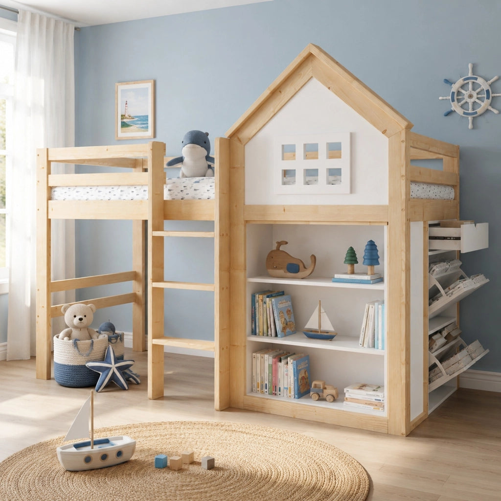 Letto a soppalco per bambini con cassetti e vani 90 x 200 cm