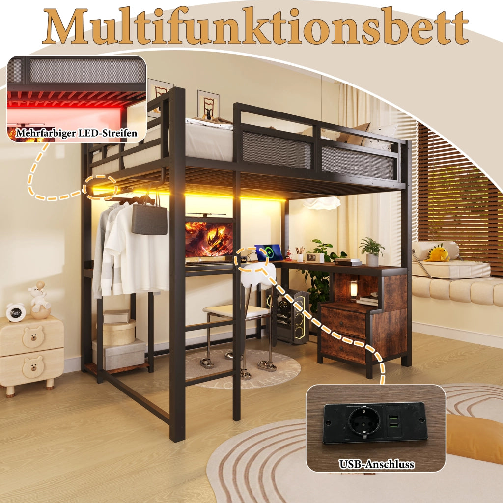 Letto a Soppalco 140x200 cm con Scrivania; LED; USB; Contenitore; Scala e Sponde; Nero