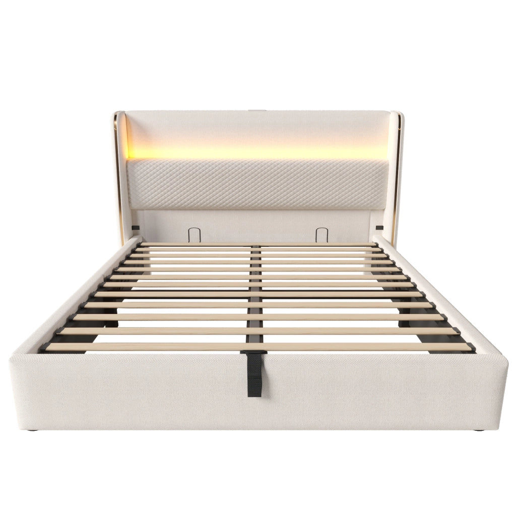 Letto Contenitore 160x200 cm; Letto Matrimoniale - LED; USB; Type-C in Lino Beige