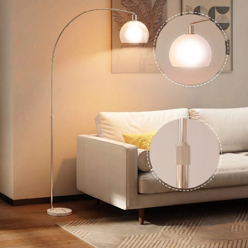 Lampada da Terra con Base in Marmo, Paralume in Plastica Bianco, Interruttore a Pedale, Design con Testa Curva