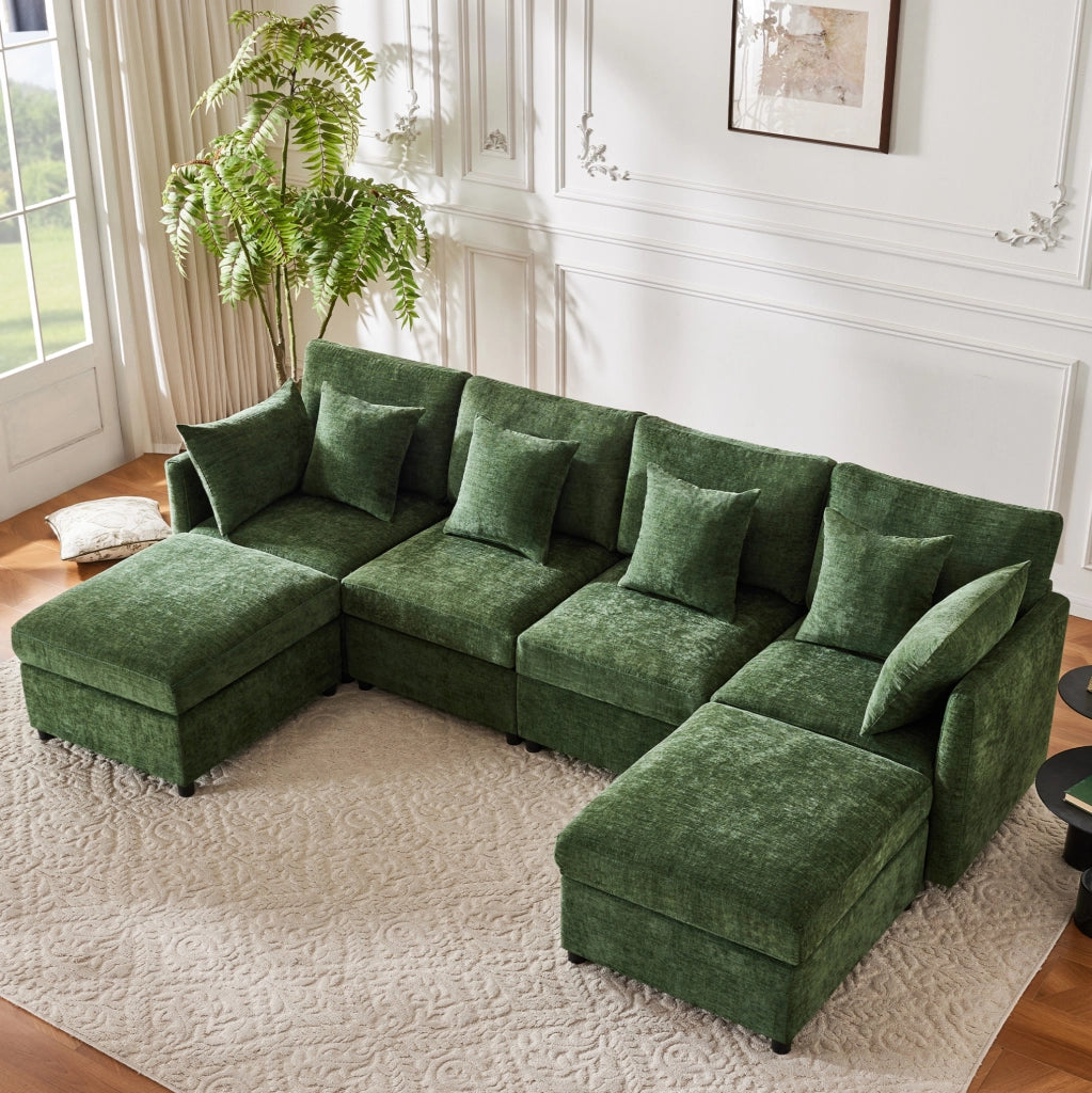 Divano modulare trasformabile in U e L 278x161x81 cm in ciniglia verde