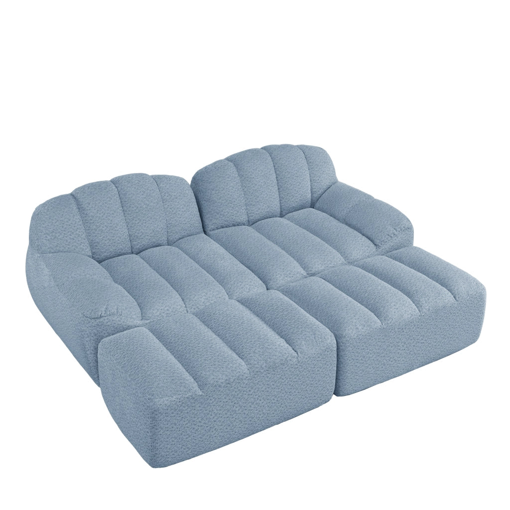 Divano modulare senza struttura rigida in pile granulato blu con moduli antiscivolo configurabile a U L o 2 posti