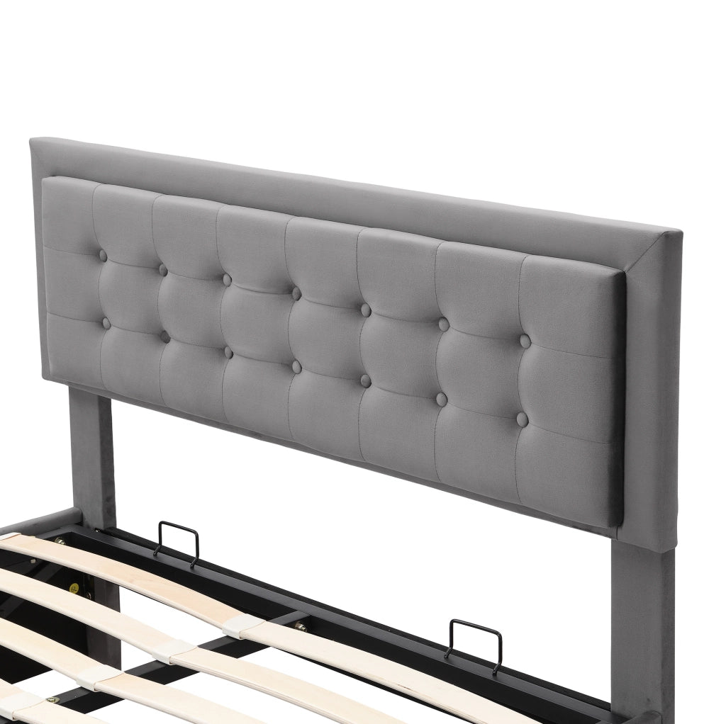 Letto imbottito con contenitore e cassetti in velluto grigio
