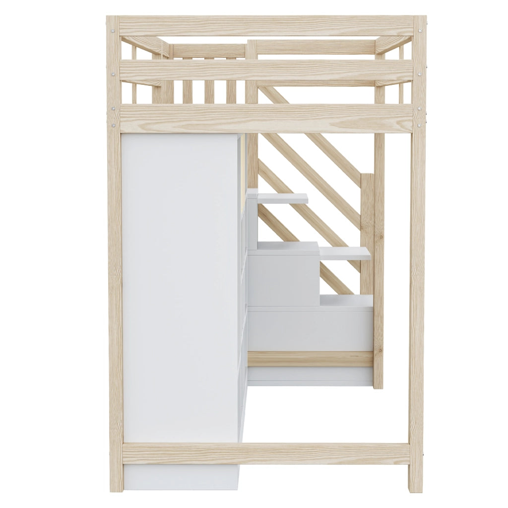 Letto a soppalco 90 × 200 cm con armadio ripiani scala contenitore LED rete a doghe in legno bianco