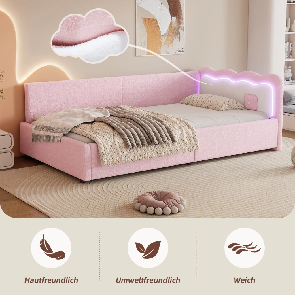 Letto singolo daybed 90 ¡Á 200 cm con rete a doghe LED regolabile in MDF e rivestimento rosa