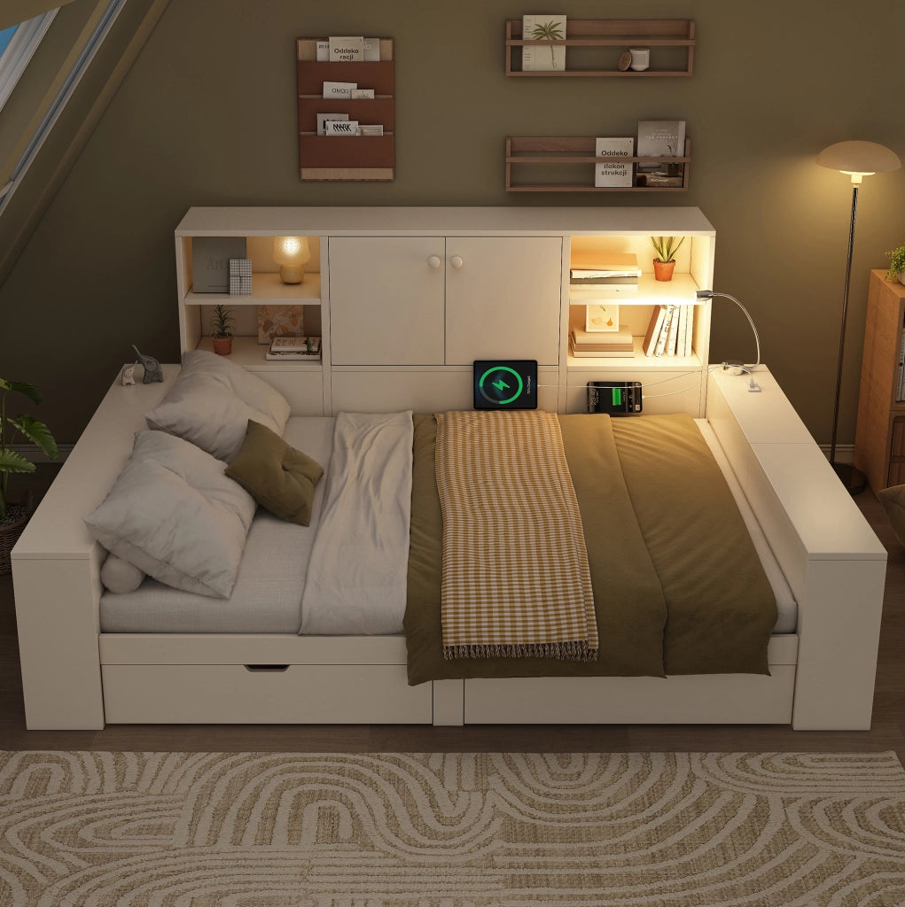 Letto matrimoniale 140x200 cm con cassetti; vano contenitore e prese USB/USB-C bianco HOMVRA