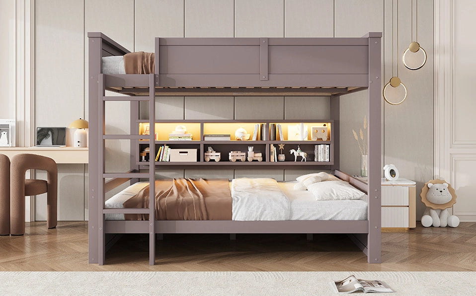 Letto a castello 160x200 cm con armadietti contenitori e illuminazione LED, marrone