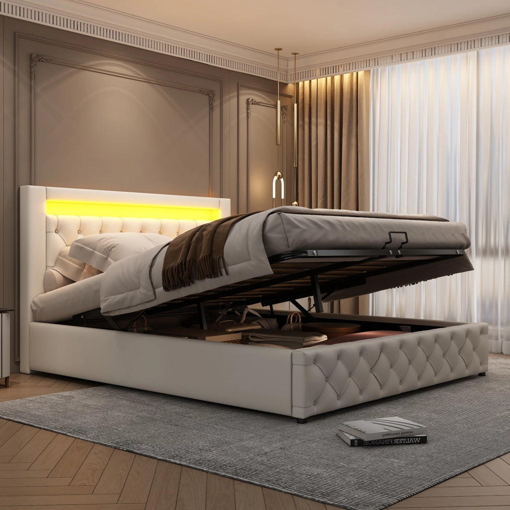 Letto matrimoniale imbottito 140x200 cm con rete a doghe; contenitore e LED; bianco in PU