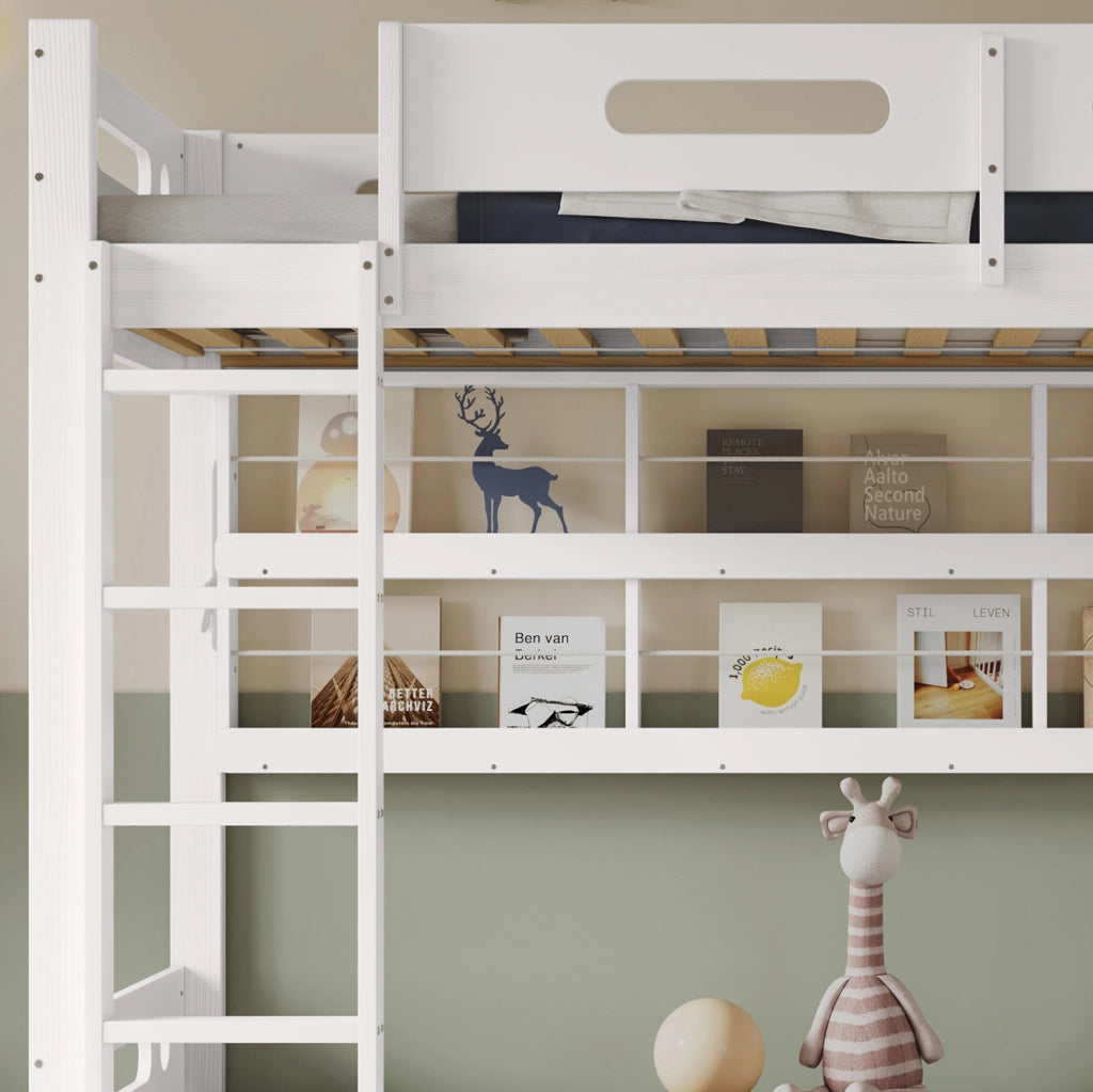 Letto a castello 90x200 cm con 2 cassetti, ripiani aperti e scala in pino e MDF
