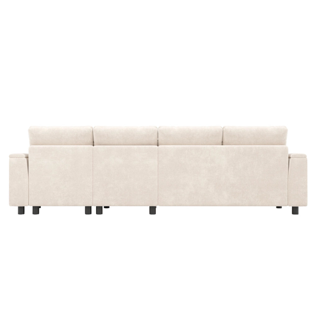 Divano a U in ciniglia beige con vano contenitore; USB e Type-C; 279 × 135 × 84 cm