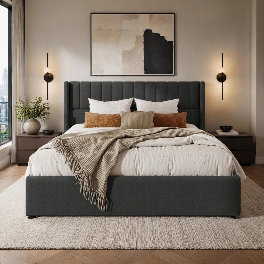 Letto matrimoniale con contenitore 160 × 200 cm idraulico con rete a doghe e testiera imbottita in lino grigio