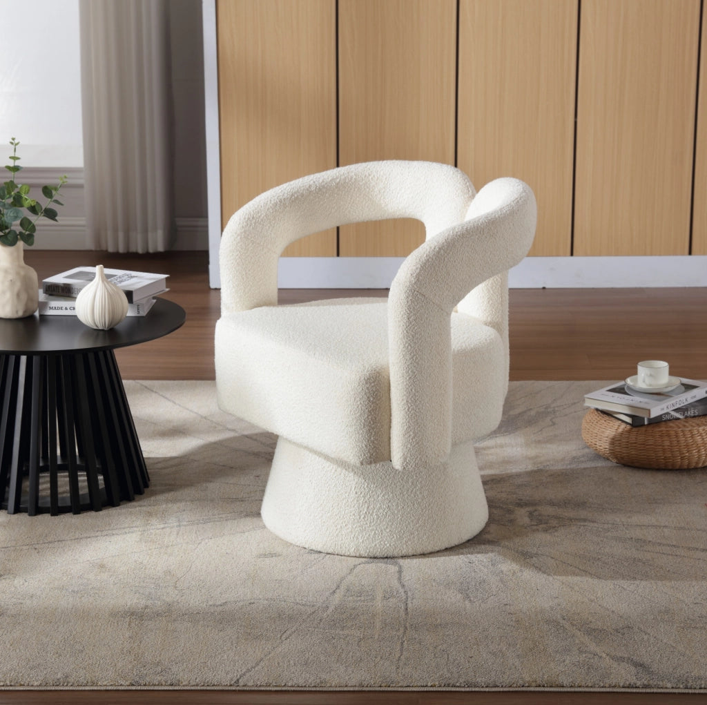 Sedia girevole a 360° con imbottitura in tessuto boucle beige, struttura in legno e metallo, 67x55x74 cm