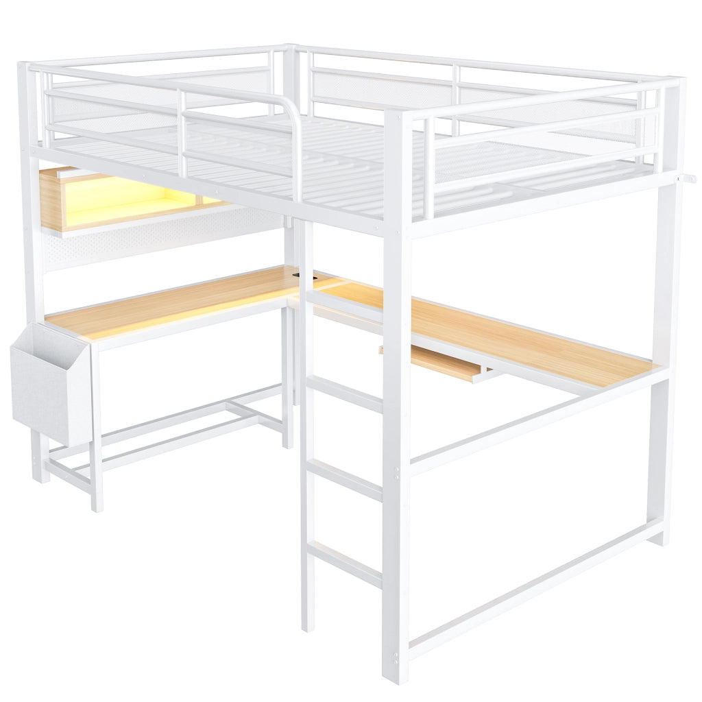 Letto a soppalco 140x200 con scrivania; LED 7 colori; prese e USB; bianco